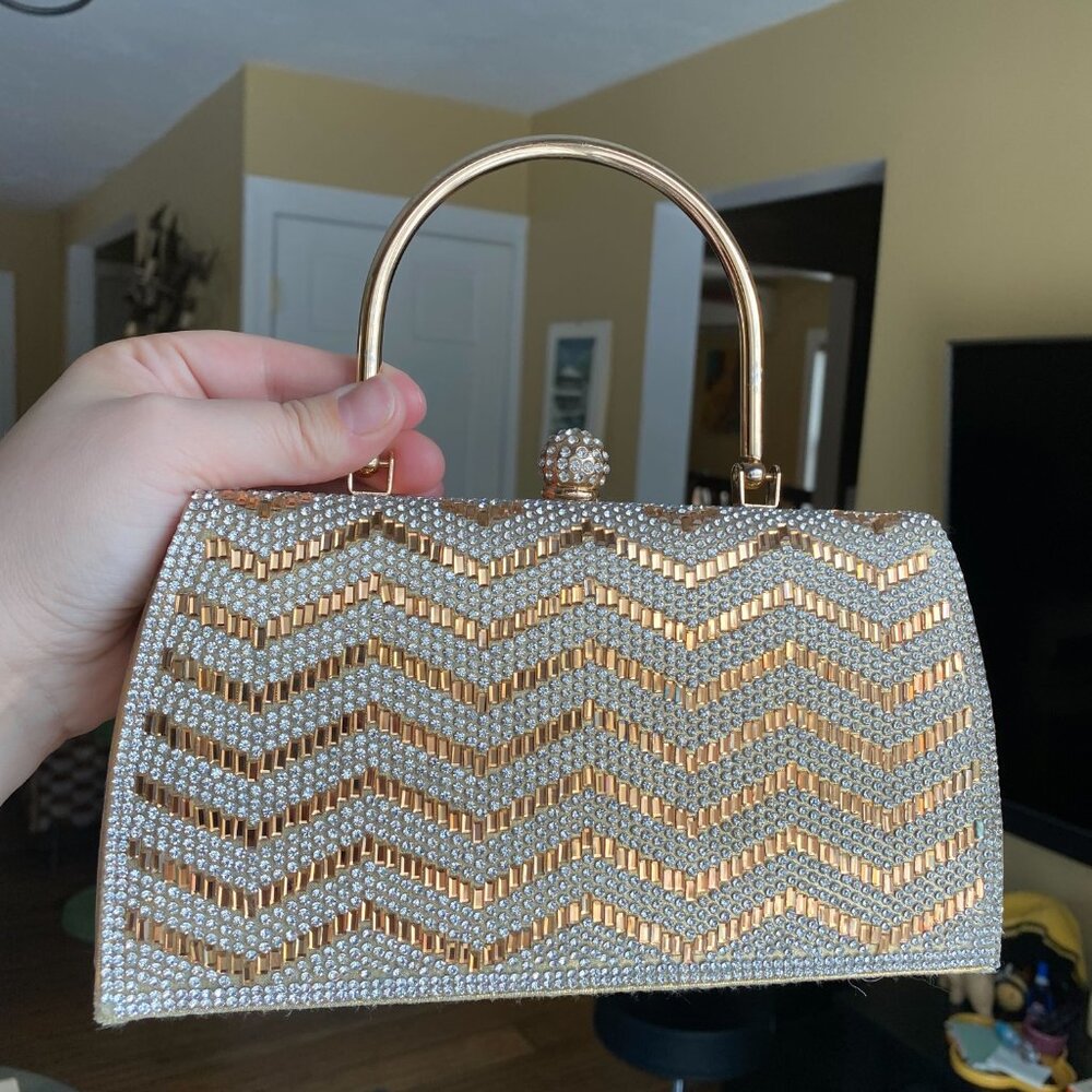 Prezzo | Gold Rhinestone Clutch with Chain Crossbody Strap